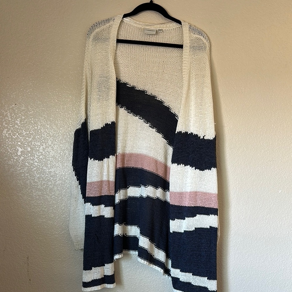 Cream and Blue Striped Cardigan Sweater